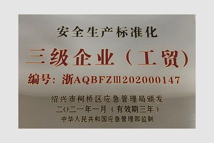 2021年1月被評(píng)為“安全生產(chǎn)標(biāo)準(zhǔn)化三級(jí)企業(yè)”